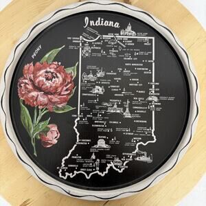 VTG Midcentury Indiana Travel Metal Souvenir Round Tray Black Peony Collectible